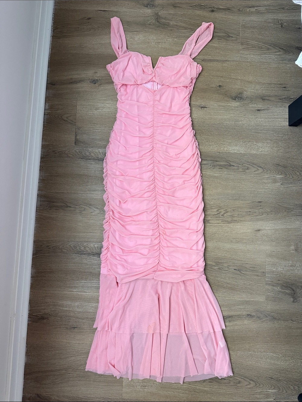 Pink Ruched Mermaid Midi Dress